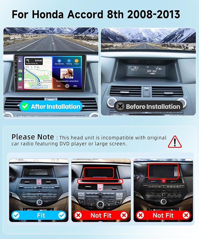 Podofo 8 Core 2+64G Radio for Honda Accord 2008-2013 Car Stereo Wireless CarPlay/Android Auto 10.1 Inch IPS Touch Screen Android 13 GPS WiFi Bluetooth 32-Band DSP SWC AHD Camera