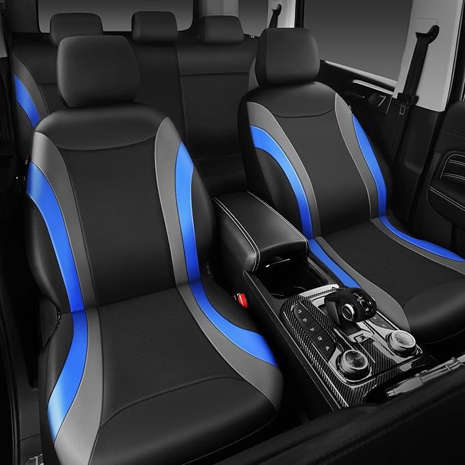 CAR PASS Leather Car Seat Covers Full Set with Waterproof Car Floor Mats,Airbag Compatible,Automotive Interior Covers for Cars,Sedans,Trucks,Vans,SUV with Car Carpet Mats(Black and Blue)
