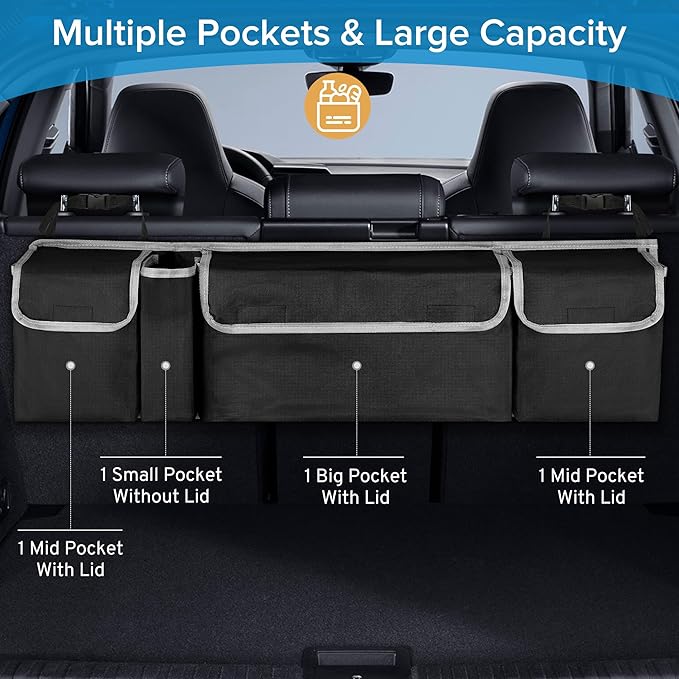 Car Trunk Organizer Storage Bag for Chevy Chevrolet Equinox Traverse Trax Tahoe Trailblazer Suburban Express LS LT RS SUV accessories, Waterproof Hanging Collapsible Backseat Bag