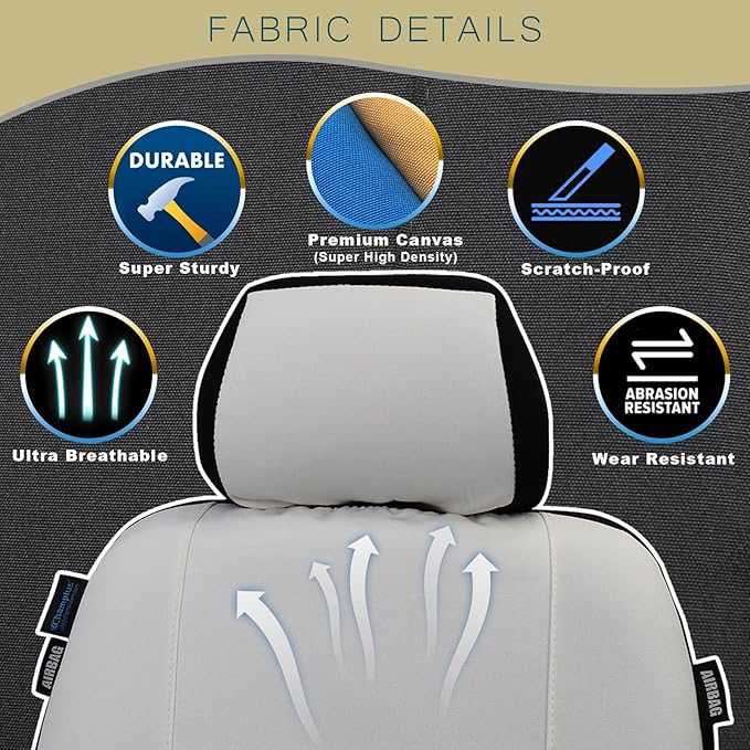 Champlus Car Seat Covers, Canvas Seat Protectors for Two Front Seats, Universal Fits Sedan Cars, SUVs, Trucks, and Mini Vans, Airbag Compatible, Quick Install, Set of 2, Tech White