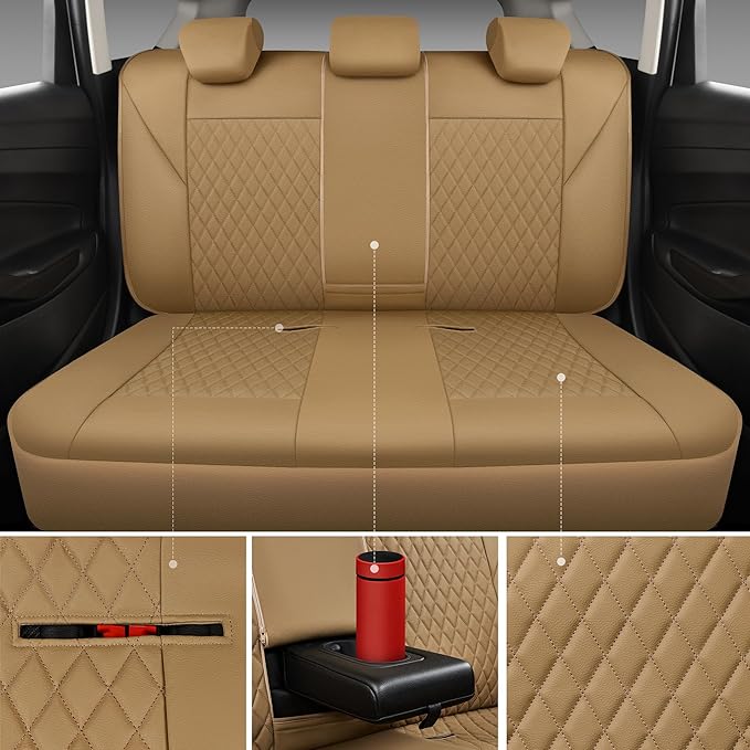 CAR PASS Faux Leather Seat Covers Full Set, Quilting Waterproof Premium Automotive Seat Cover with 5mm Composite Sponge Inside,Airbag Compatible, Universal for Most Cars Sedan SUV Truck, All Beige