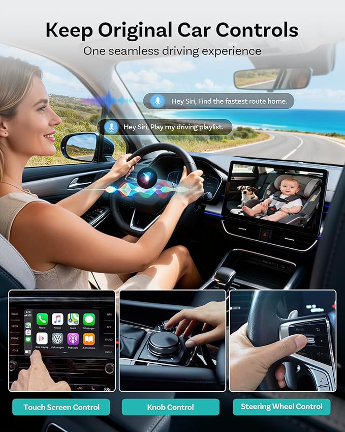 OTTOCAST Cabin Care Adapter 2026,2-in-1 Baby Car Camera & Wireless CarPlay Adapter-No Extra Screen Needed,1080P Car Baby Monitor for No-Glow Night Vision,150°Wide Angle,Plug&Play(No Android Support)