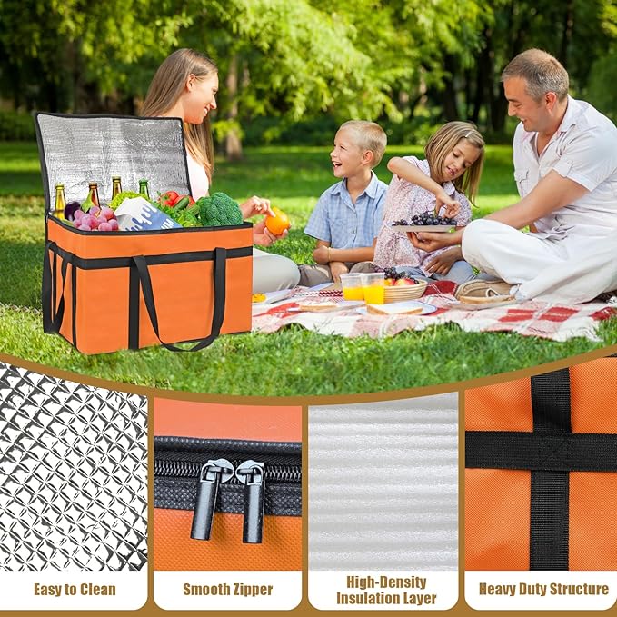 PEASUG Insulated Bags for Food Delivery, XXXL Pizza Delivery Bags, Large Capacity Cooler Bag Keep Food Warm for Grocery Shopping and Catering, Foldable, Heavy-Duty (Orange)