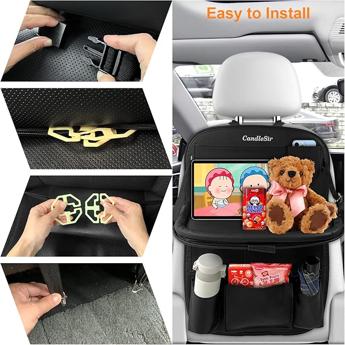 Luxury PU Leather Car Organizer with Foldable Tablet Tray, 9 Storage Pockets for Back Seat
