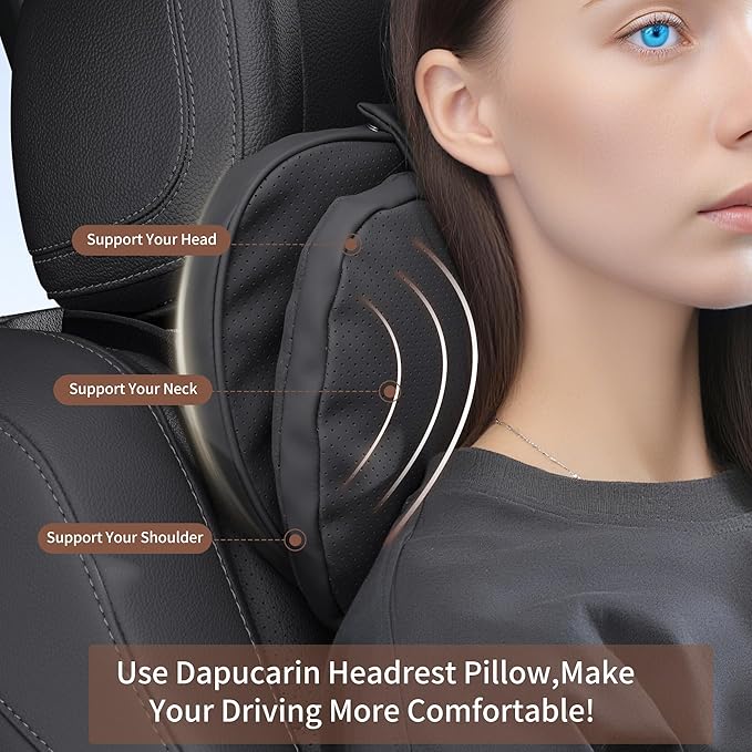 Car Headrest Pillow for Driving, Dual-Sided Leather Design Neck Pillow, Breathable Softness Neck Support, Universal Fit Head Rest Travel Pillow, Black, 2 Pack