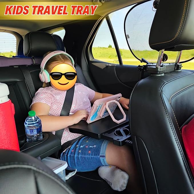 Large Foldable Backseat Tray Table, Car Laptop Desk with Cup Holder, Back Headrest Passenger Food Tray, Phone Tablet Holder, Multifunctional Travel Desk, Car Essentials for Kids & Long Road Trips