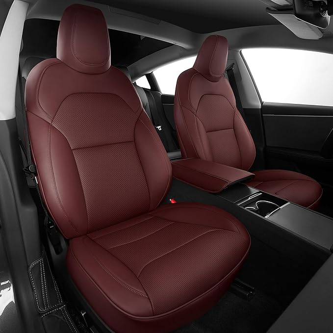 AOMSAZTO Seat Covers for Model 3 2024 2025 (Not Performance)-Full Set Leather Waterproof Car Seat Covers Airbag-Ready Design for Tesla Model 3(with Armrest & Rear Door Pads Cover)-Wine Red