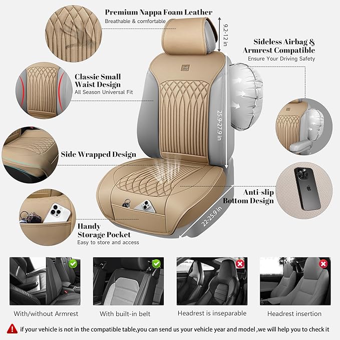 CAR PASS Car Seat Protector, 2 Pack Sideless Nappa Leather Seat Covers for Cars, All Season Waterproof Breathable Front Seats Cushion with Storage Pocket Universal Fit Vehicle Car SUV Truck, All Beige