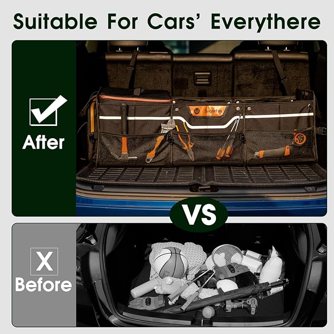 SugarFox Car Trunk Organizer for SUV, Heavy Duty Waterproof Trunk Organizer, Foldable Collapsible Car Organizer with Cooler, Multi-Compartment Large Trunk Organizer (95L), Black-M003
