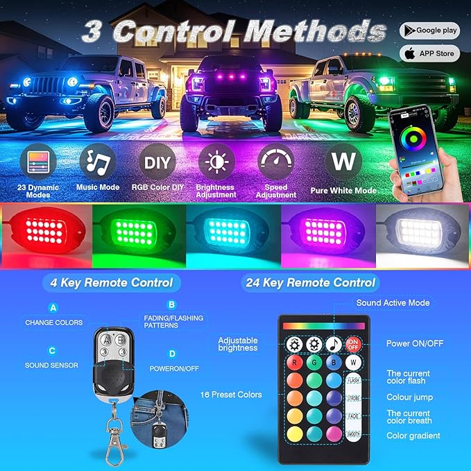 16Pods Heavy Duty Aluminum RGBW LED Rock Lights Kit for Trucks Pickup Jeep Gladiator Off-Road, APP/RF Remote, Plug&Play Pre-Wired, IP67 Waterproof Multicolor Dual Zone 12V Underglow Accent Lights
