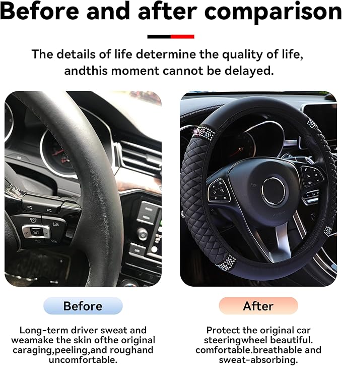 Bling Car Steering Wheel Cover, 15 Inch Rhinestones Soft Leather Elastic Steering Wheel Protector, Sparkly Crystal Diamond for Women Girls, Car Interior Accessories for Most Cars (Black)