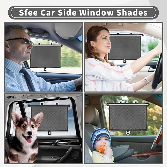 Sfee Car Window Shade for Side Windows, 2 Pack Sun Shade Retractable for Car Blocks Heat and UV Rays Glare Protection Roller Sunshade Visor for Baby, Kids, Pets, Passengers