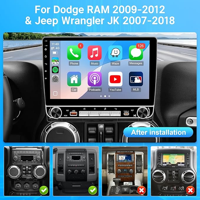 Leadfan Car Radio for Jeep Wrangler JK 2007-2018 Dodge Ram Compass Grand Cherokee, 10.1 inch Touchscreen Stereo for Jeep JK Wireless Carplay Android Auto SWC Backup Camera+Knobs Buttons, 4+64G