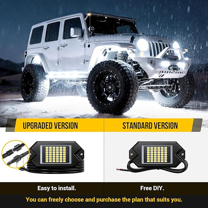 Hovano 12Pods Alloy White Rock Lights Kits with Extension Wires,6000K Pure White Color 42 LED Super Bright Chips IP68 Waterproof Underglow Kit for Pickup Off Road Trucks SUV ATV UTV Golf Car Boat