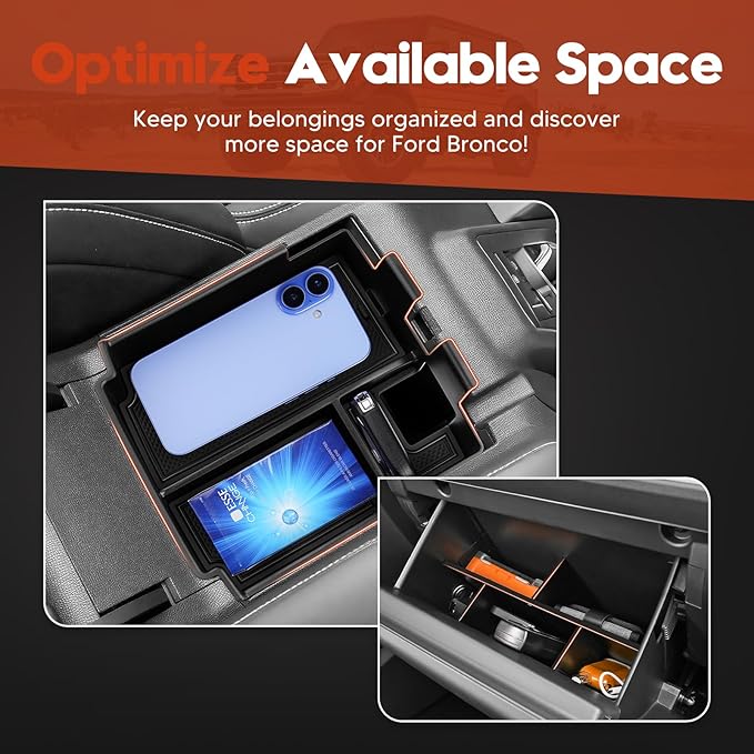 Sunsdrew 2025 Upgraded Center Console Organizer for 2025 2026 Ford Bronco 4-Door Accessories,2PCS Bronco Armrest Storage Box&Glove Box Organizer Slide smoothly Black(Not for 2-Door&Bronco Sport)
