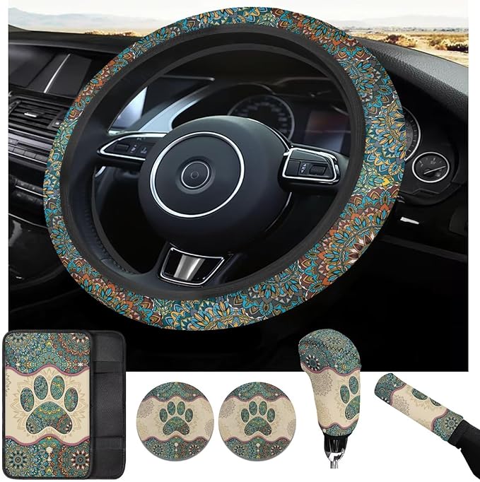 Dog Claw Car Steering Wheel Covers Set Bohemian Print Car Interior Accessories Cup Holder,Handbrake Gear Cover for Vans Truck SUV
