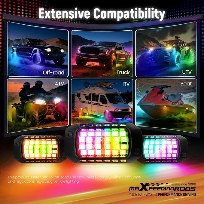 maXpeedingrods Rock Lights for Trucks, 8 Pods RGB Neon Light Kits 3D Lens 288 LEDs, High Bright with App Remote Control Music Mode, Waterproof Underglow Lights for Jeep Off-raod SUV Pickup Car 12V