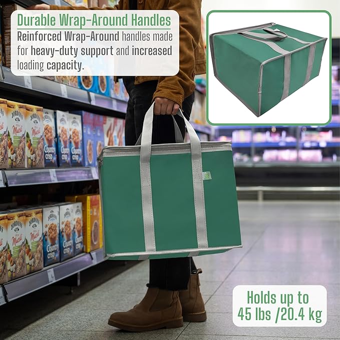 VENO 3 Pack Cooler Bag Insulated Reusable Grocery Shopping Bag, Food Delivery, Heavy Duty, Large Size, Durable Handles, Double Zippers, Lid, Collapsible (Green, 3 Pack)