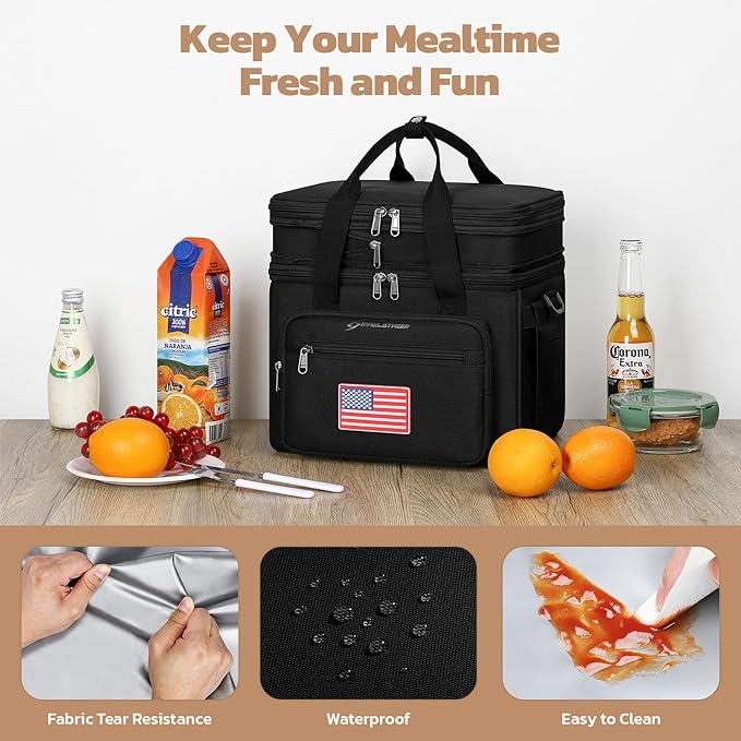 Maelstrom Lunch Box, 23L Insulated Lunch Bag, Expandable Double Deck Cooler Bag, Lightweight Leakproof Tote Bag With Side Tissue Pocket, Suit For Men and Women (F Black with DIY Hook-and-Loop)