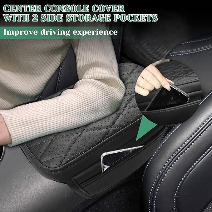 Center Console Armrest Cover Compatible with Ford Mustang 2015-2024 Leather Middle Console Arm Rest Box Protector Cushion Padding with Side Pockets Anti-Scratch Black