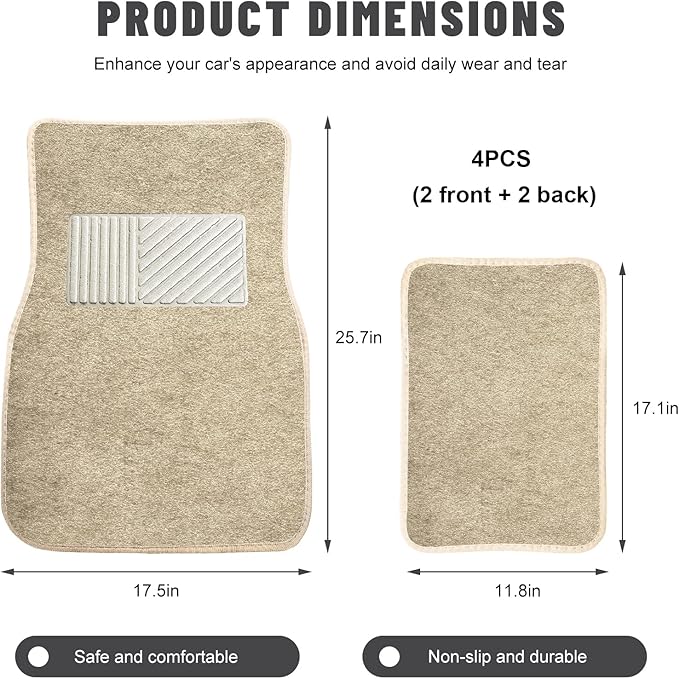 Sun Walker 4 PCS Car Floor Mats, Waterproof Anti-Slip Front & Rear Car Carpets with Driver Heel Pad, All Weather Floor Protective Pads Universal for SUVs Trucks Sedans Vans (Beige)