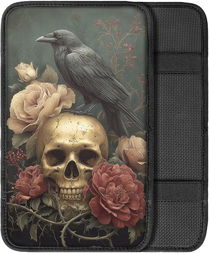 Skull Crow Print Center Console Pad Peony Print Armrest Cushion Cover for Cars Dust-Proof Decorative Armrest Seat Box Cover for Auto Interior