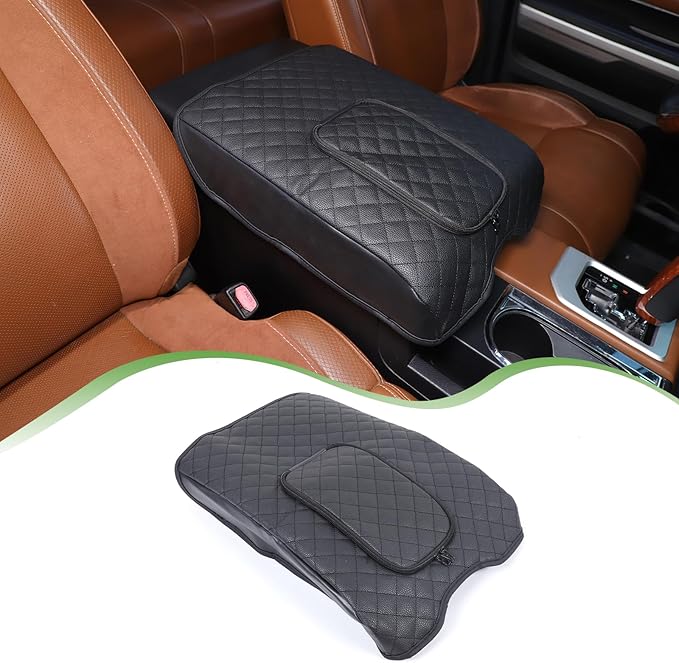 LLKUANG Car Center Console Armrest Cover Pad Fit for Toyota Tundra 2007-2021 Waterproof Leather Seat Armrest Box Cushion Pad Protector (Black-with Zipper)