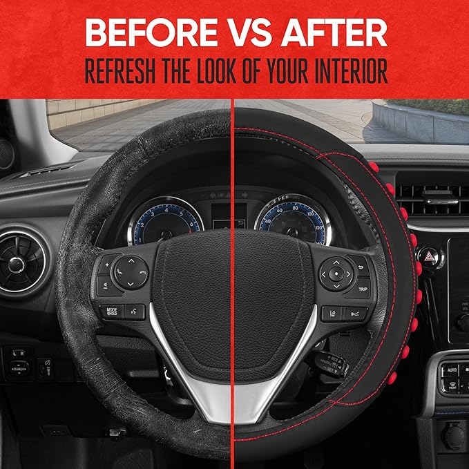 Motor Trend FlexGrip Red Steering Wheel Cover for Cars – Standard 15 inch Car Steering Wheel Cover, Red and Black Steering Wheel Protector for Auto Truck Van SUV