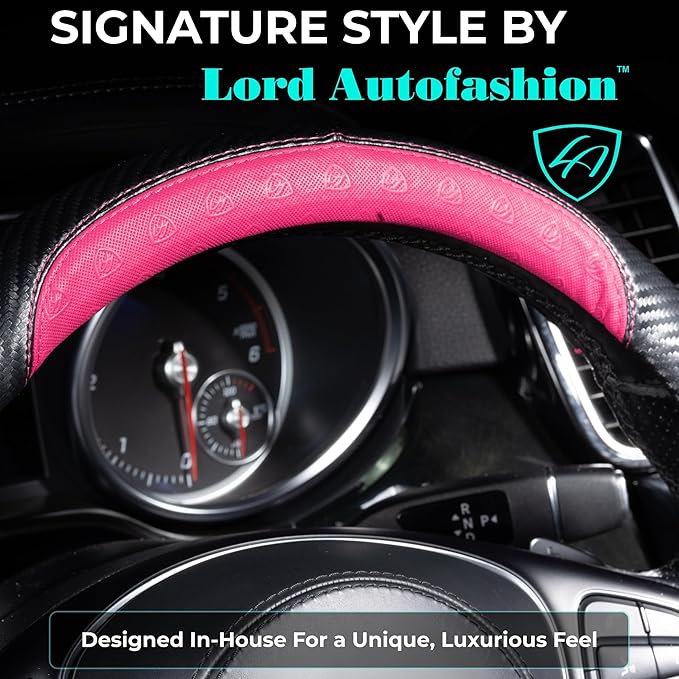 Lord Autofashion Steering Wheel Cover – PU Leather, Non-Slip Rubber Inner, All-Season Comfort – 14.5–15 Inch (Black/Pink 7685)