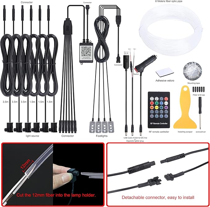 Car Atmosphere Light Kit 8m Fiber Optic Multicolor Sound Active Music Sync Memory Function RF Remote Controller + Bluetooth APP Control 64 Colors USB Car Interior Footwell Ambient Lighting Kit