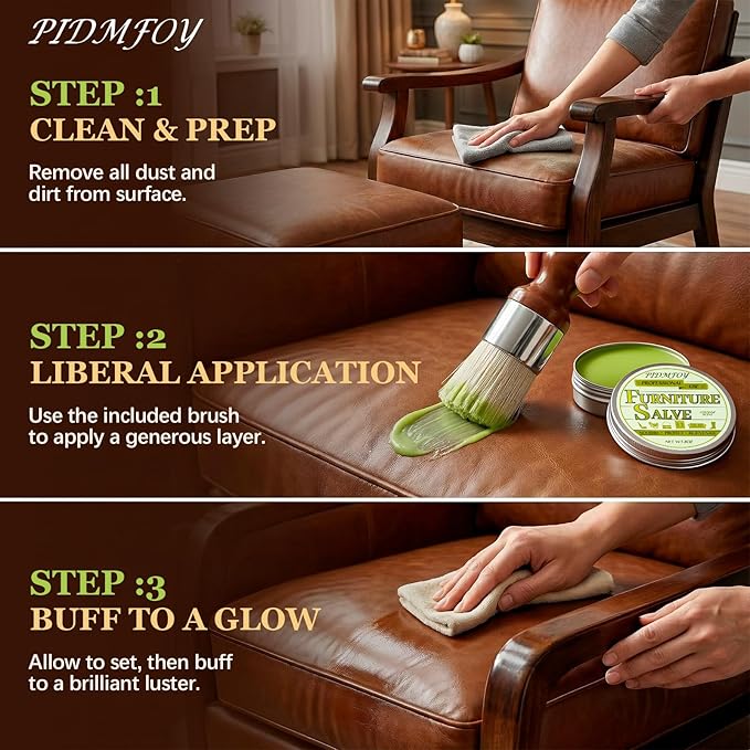 Furniture & Leather Repair Salve with Brush, Wood, Vinyl, Leather, Polisher, Cleaner and Conditioner for Furniture, Saddle, Moisturizer, Restorer for Car Seat, Couch, Shoe, Purse, Boot - 8oz