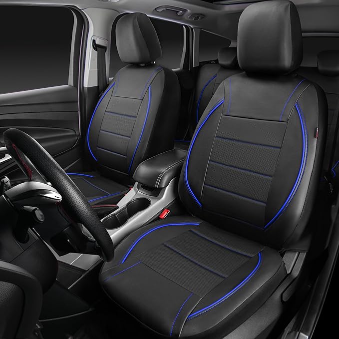 CAR PASS Universal FIT Piping Leather Car Seat Cover, for suvs,Van,Trucks,Airbag Compatible,Inside Zipper Design and Reserved Opening Holes (Full Set, Black and Blue)