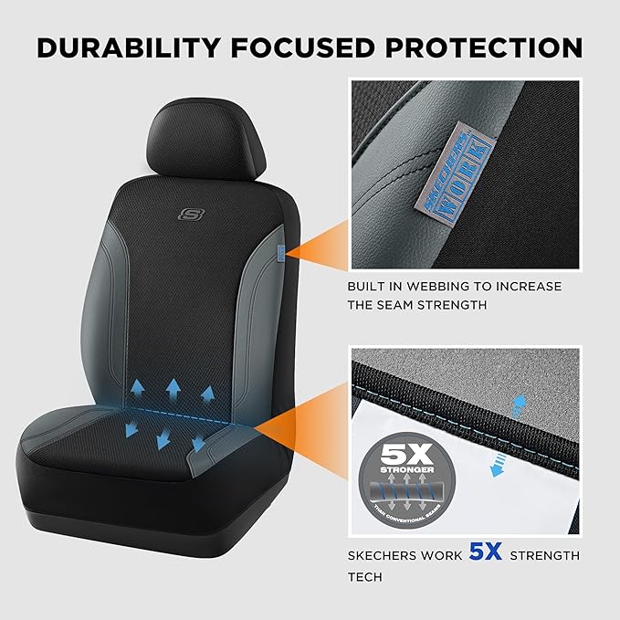Skechers Car Seat Covers, Work Leather Seat Covers 5-Times Stronger Built-in Webbing, Oxford Fabric Front Seat Covers, Airbag Compatible, Automotive Comfort for Cars, Trucks, SUVs,Grey