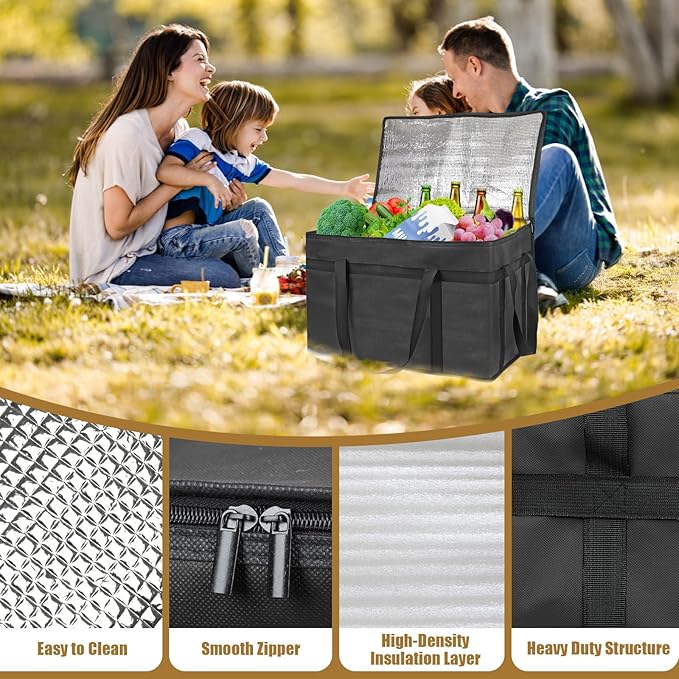 PEASUG Insulated Bags for Food Delivery, XXXL Pizza Delivery Bags, Large Capacity Cooler Bag Keep Food Warm for Grocery Shopping and Catering, Foldable, Heavy-Duty (Black)