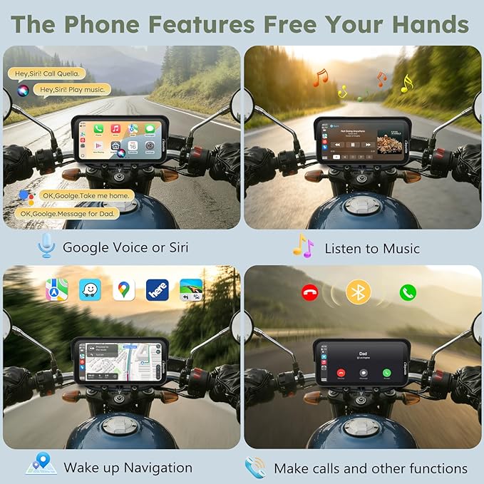 Carpuride W603DT for Motorcycle CarPlay & Android Auto & TPMS - HD1080p Dash Cam, 6.3-inch Waterproof Rotatable Touchscreen for Navigation, Bluetooth, Loop Recording, Wired Controller