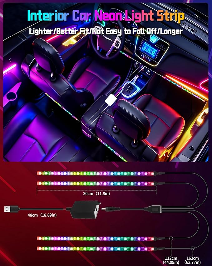 Interior LED Lights for Car, Flexible LED Strip with App and Remote Control, USB-A/C RGB Lights with DIY Mode and Music Mode, 72 LEDs