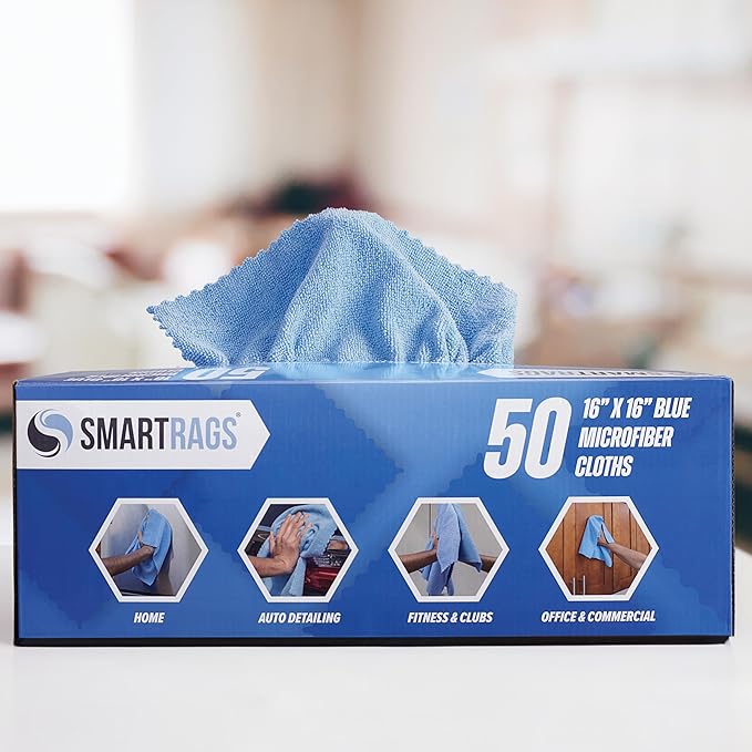 Arkwright Smart Rags Microfiber Cleaning Cloths, Pack of 50 in a Box, Lint Free 215 GSM Reusable Towels for Auto, Office and Household Cleaning, 16 x 16 in, Blue
