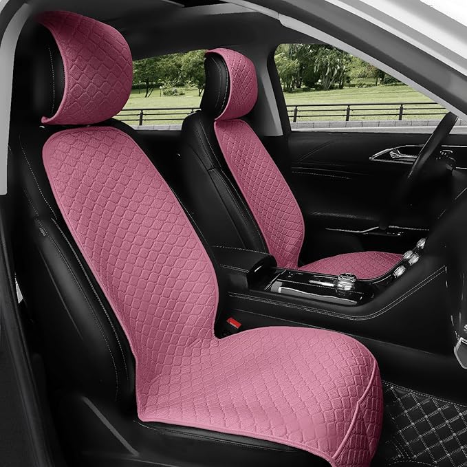 Linen Car Seat Covers for Cars, Front Car Seat Cover Protectors with Storage Bags, Anti-Slip & Soft Automotive Seat Cushion Universal Fit for Most Sedan, SUVs, Vehicles (Pink)