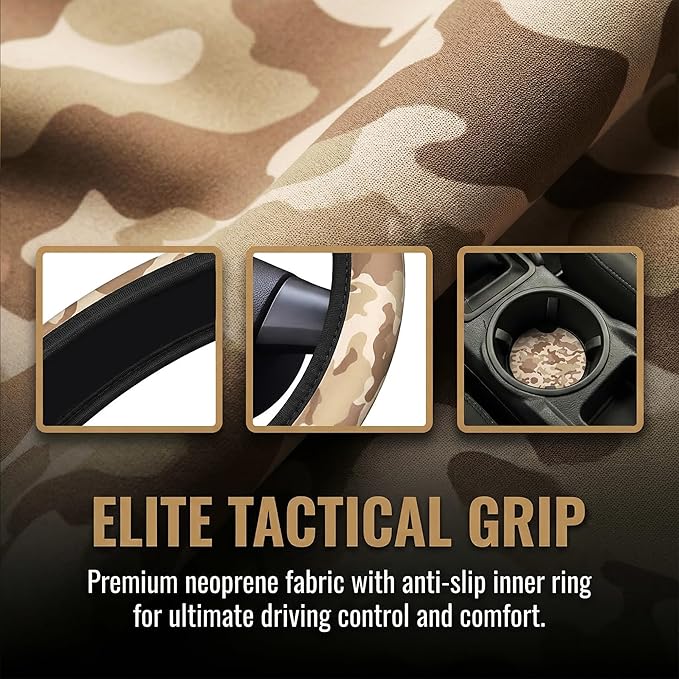 Brown Camo Steering Wheel Cover - Camouflage Steering Wheel Cover Anti-Slip Breathable Universal for 15 Inch Car with 2 Pieces Car Coasters Suitable for Men Women