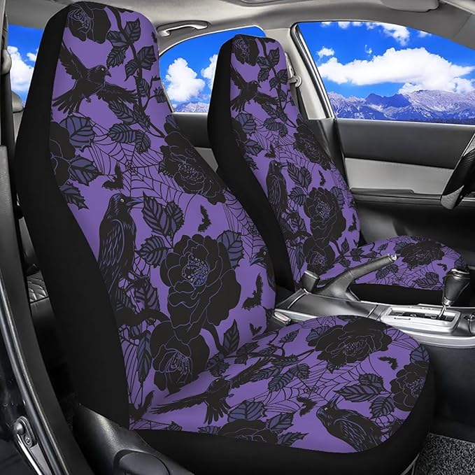 Halloween Crow Car Seat Covers Breathable Front Seat Cover Soft Anti-Slip Back Fabric Auto Interior Accessories All-Season Protection Universal Vehicle Accessories