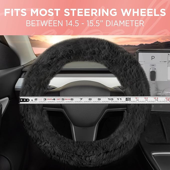 Carbella Aspen Black Fuzzy Steering Wheel Cover for Women ‚Äì Cute and Stylish Fluffy Fur Steering Wheel Cover for Cars Trucks Vans SUVs, Universal Fit for Wheel Sizes 14.5 to 15.5 inches