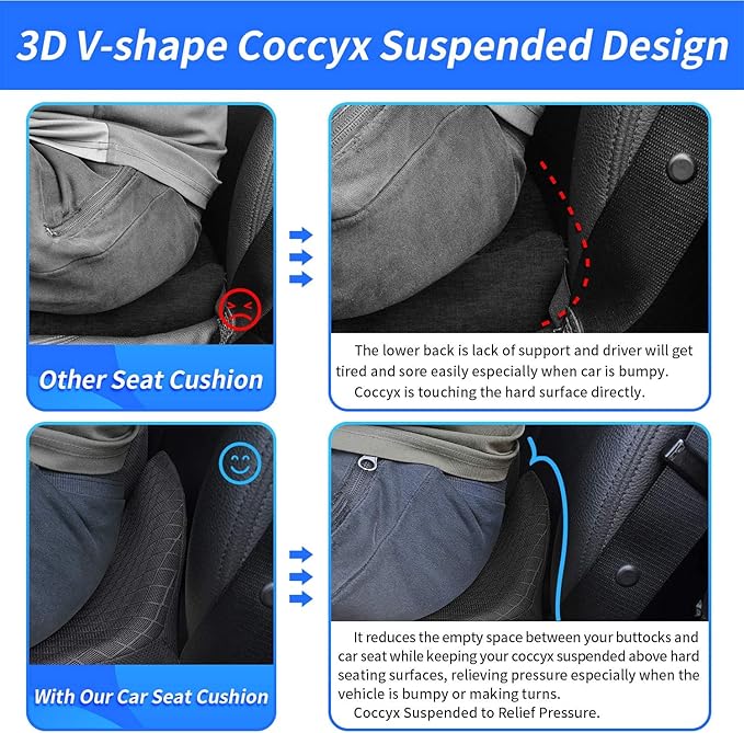 Car Seat Cushion for Car and Truck Driver Seat Office Chair Wheelchairs Coccyx Support Sciatica, Lower Back Pain Relief Memory Foam Car Seat Pad