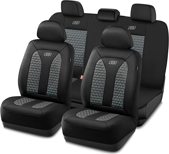 Skechers Memory Foam™ Car Seat Cover Full Sets, Hexcomb Breathable Thick Seat Covers, Airbag Compatible, Automotive Comfort & Protection Universal for 95% Cars,Van,Trucks, SUVs Grey