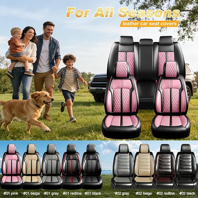Fit Prologue Car Seat Covers for Select Honda Prologue 2024-2026 - Premium Full Coverage Leather, Airbag Compatible, Waterproof & All Weather Seat Cushion Protector, Front Pair Black+Pink