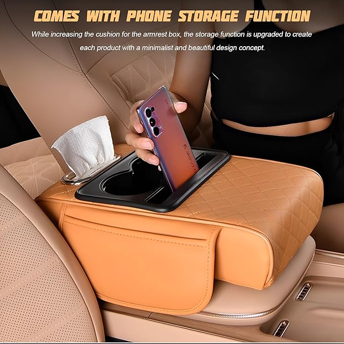 Zpana Car Center Console Armrest Pillow, Memory Foam Leather 4 in 1 Vehicle Arm Rest Cover with Tissue Box 2 Side Storage Bag Cup & Phone Holder, Auto Armrest Cushion, Universal Fit (Black)