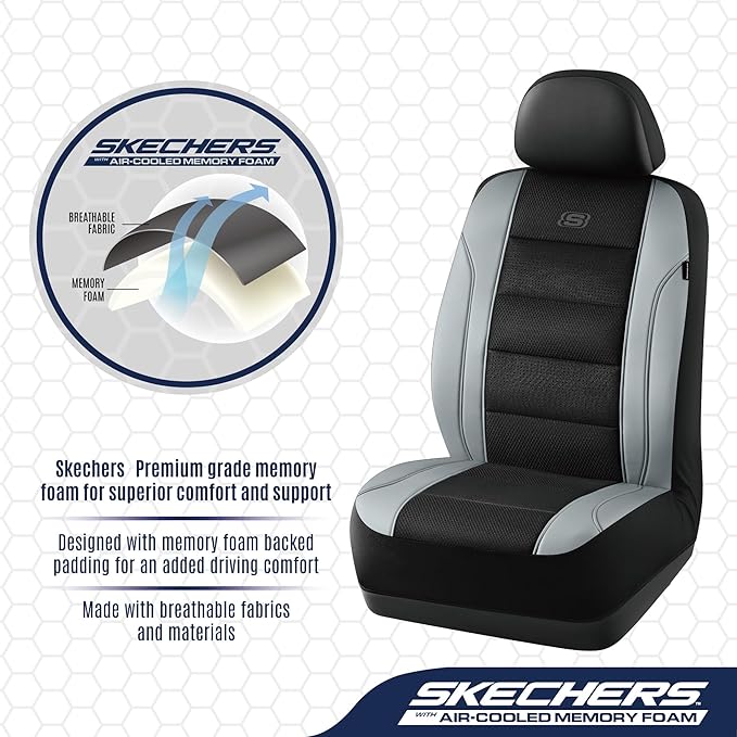 Skechers Men’s Air-Cooled Seat Covers, Memory Foam Car Seat Covers Front Seats, Airbag Compatible,Universal Fit for Most Cars, SUVs, Vans and Trucks,Grey