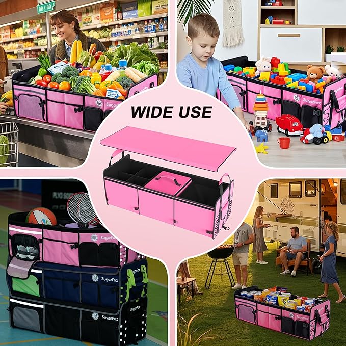SugarFox Bold Color Block Trunk Organizer | 95L, 35"x13.8"x11.8" | Dedicated Shoe Storage & 26L Ice Pack | Foldable for SUV/Car/Jeep | Stylish Gift & Car Accessories for Men & Women - Pink-X212