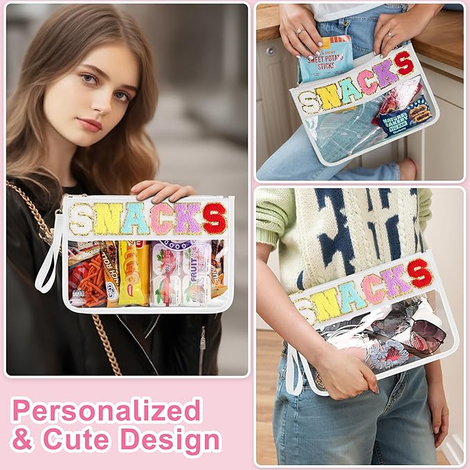 Snack Bag for Travel - Clear Chenille Varsity Letter Flat Pouch with Zipper, 12.2×8.46 inch Waterproof Clear Nylon Preppy Patch Makeup Cosmetic tote Bags for Women Girls