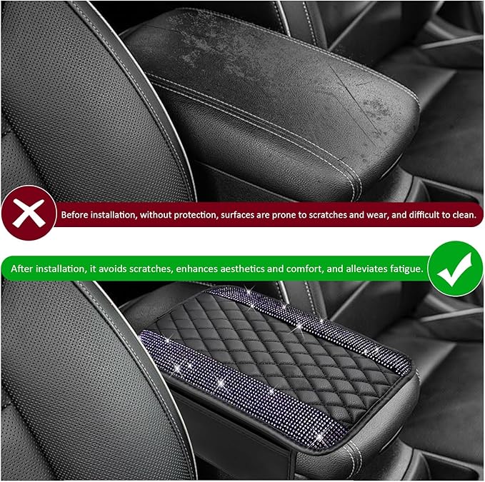 Sun Walker Bling Car Center Console Cover, Anti-Scratch Car Armrest Seat Box Cushion Pad with 2 Storage Bags, Leather Middle Console Protector Crystal Interior Accessories for Most Cars (Purple)