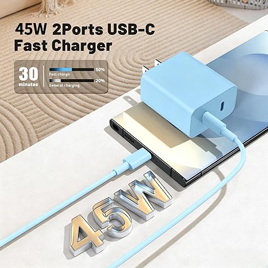 45W Dual Port Super Fast Charger with Long USB C to C Cable 10ft,Type C Wall Charger Block and Android Phone Charging Cord for Samsung Galaxy S26 Plus/S25 Ultra/S25+/S24+/S23+/S22+/S21/S20/Note 20/10+